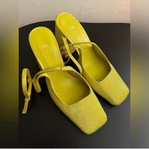 ZARA Lemon Yellow Rhinestone Square-Toe Mule Sandals US 6